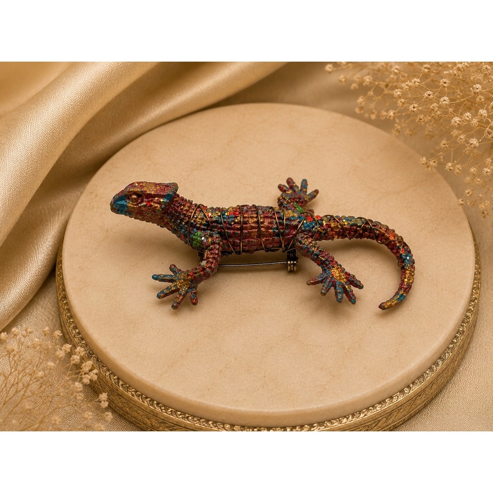 Multicolor Rhinestone Glitter Lizard Gecko Brooch Pin Wire Wrap Detail 3 inch